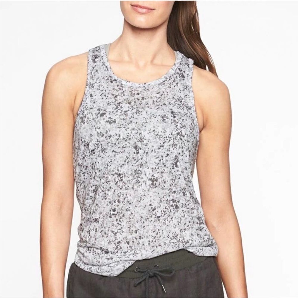 ATHLETA Sleevelesz Breezy Printed Cutout Tank Gray White Women’s Size Medium
